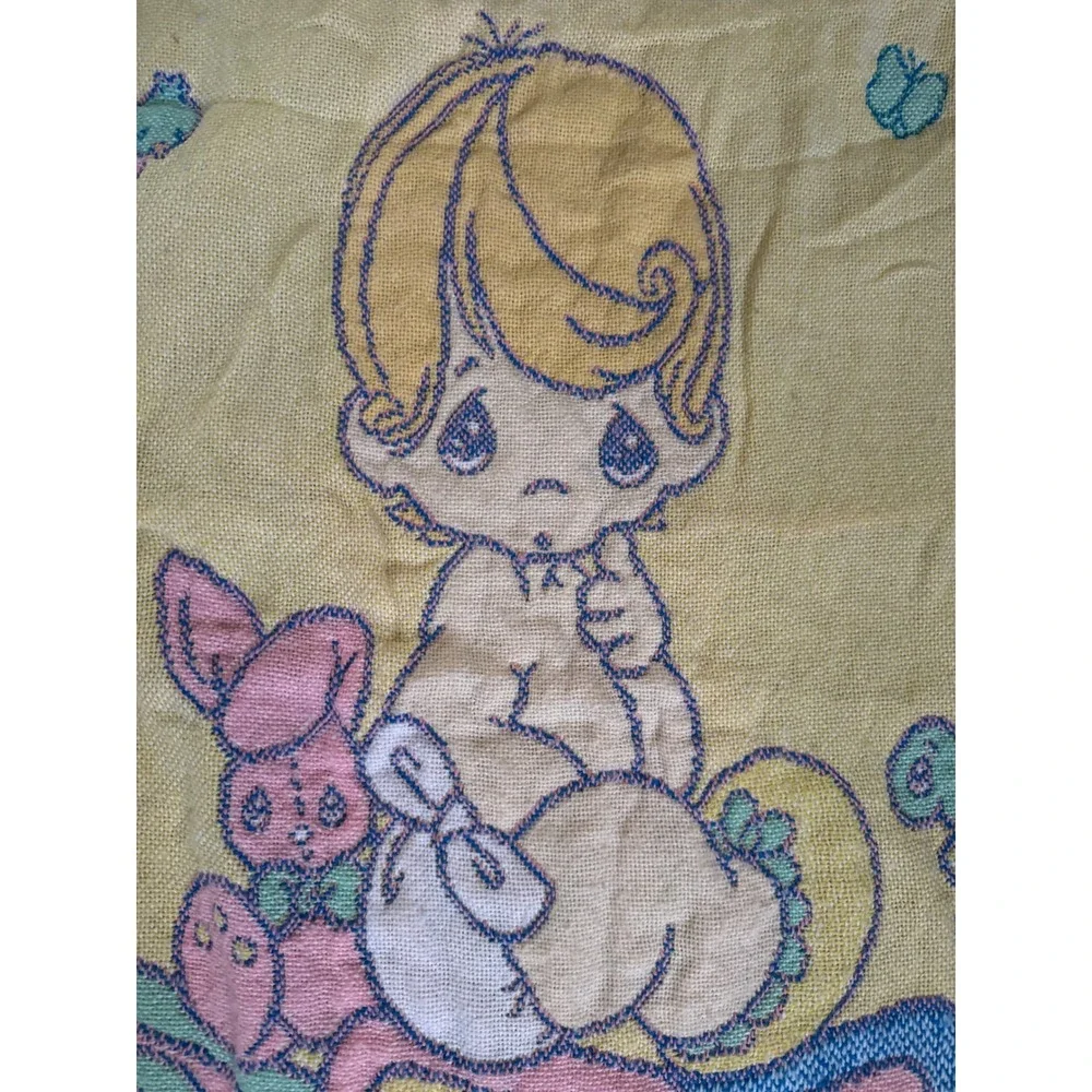 Vintage Precious Moments Baby Blanket Woven Tapestry Reversible Yellow Teal